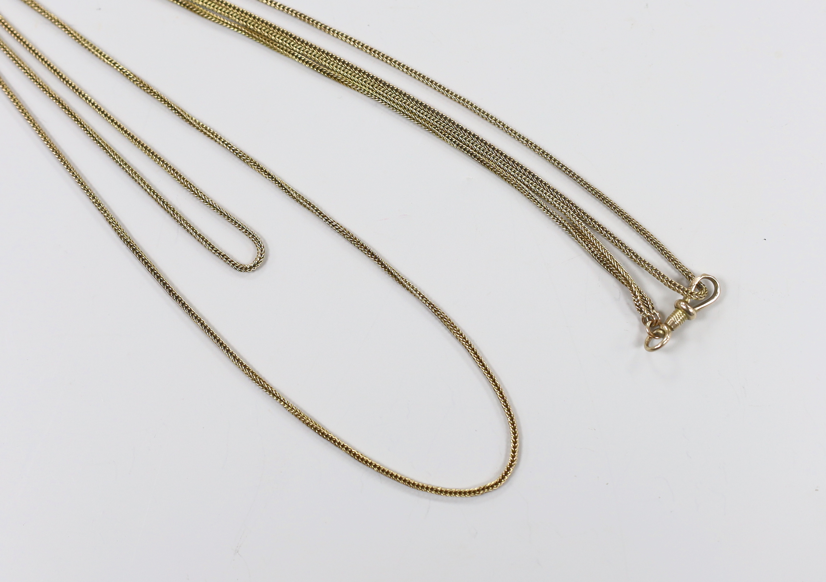 A 19th century yellow metal twin strand guard chain, 80cm, 16.8 grams.